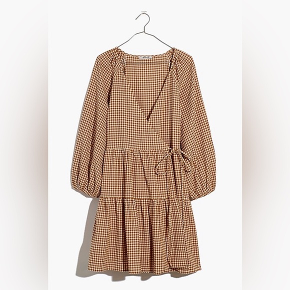 Gingham Puff-Sleeve Wrap Dress in Golden Pecan, size 1X - Picture 11 of 12